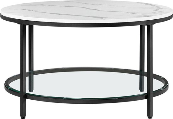 Rootz Salontafel in witte marmerlook - Moderne tafel - Stalen frame van spaanplaat - Blad van gehard glas - Stijlvol ontwerp - Lichtgewicht - Eenvoudige montage - 80 cm x 44,5 cm (Ø x H)