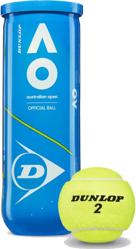 Blauwe Dunlop Australian Open tennisbal koker naast een gele tennisbal met Dunlop-logo.