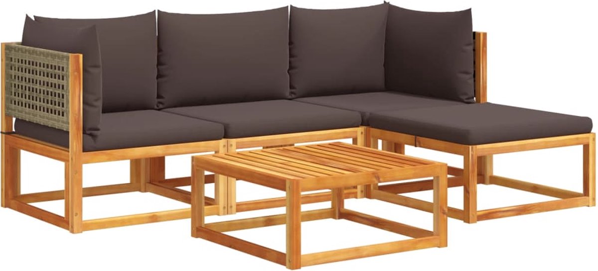 vidaXL 5-delige - tuinbankset - met - kussens - acaciahout - & - rotan Grijs