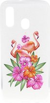 Shop4 - Samsung Galaxy A40 Hoesje - Zachte Back Case Flamingo en Bloemen Roze