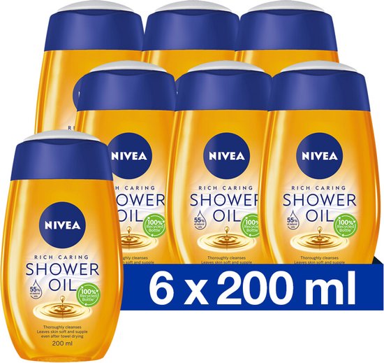 Voordeelverpakking van zes flessen NIVEA Rich Caring Shower Oil. De flessen zijn geel met blauwe doppen en de tekst '6 x 200 ml'.