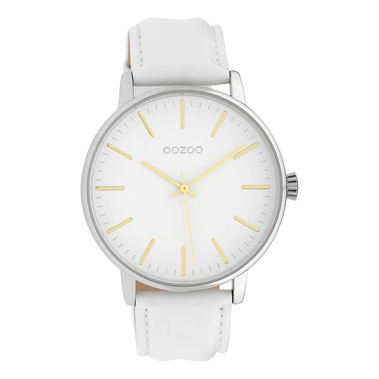 OOZOO Timepieces - Zilverkleurige horloge met witte leren band - C10040