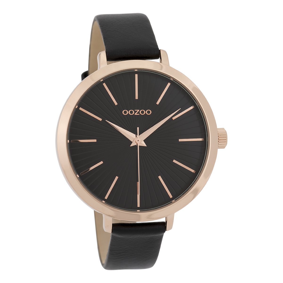 OOZOO Timepieces - Rosé goudkleurige horloge met zwarte leren band - C9674