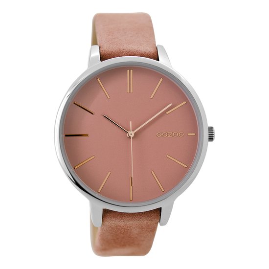 OOZOO Timepieces - Zilverkleurige horloge met zacht roze leren band - C9211