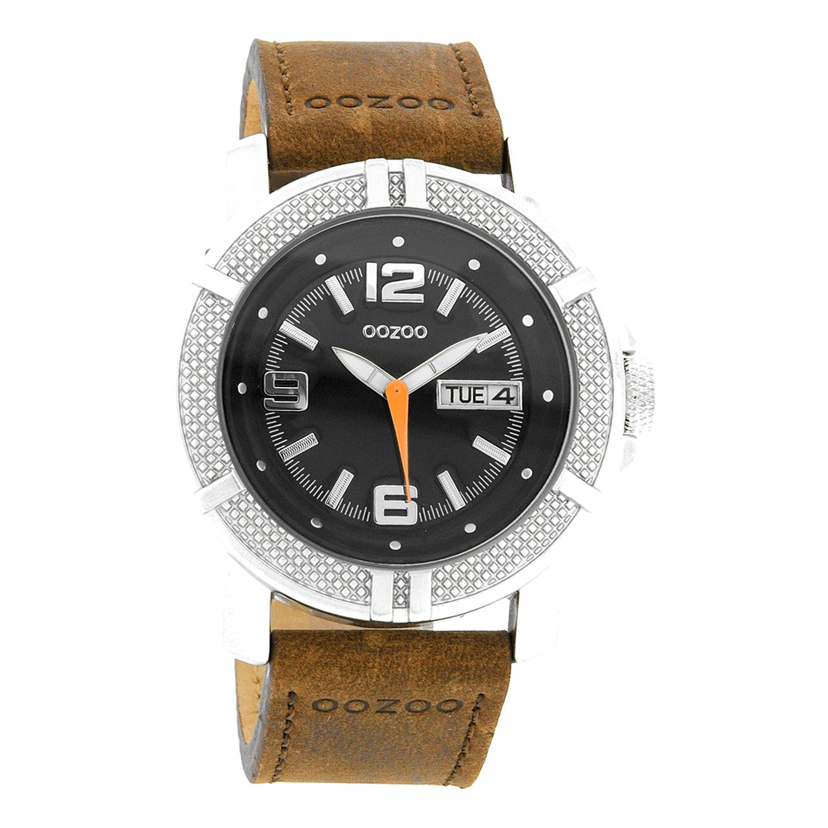 OOZOO Timepieces - Zilverkleurige horloge met cognac leren band - C4107