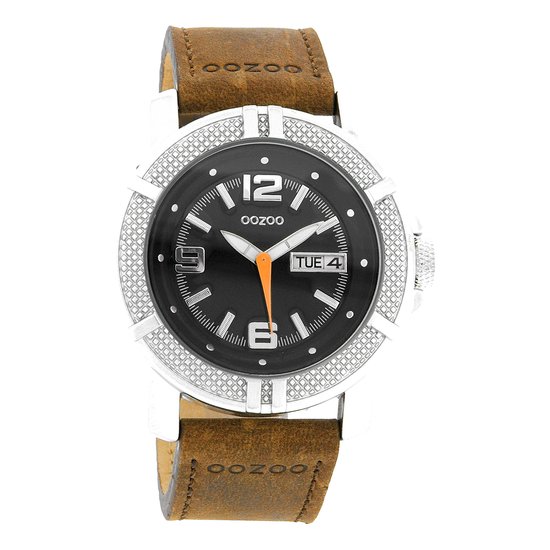 OOZOO Timepieces - Zilverkleurige horloge met cognac leren band - C4107