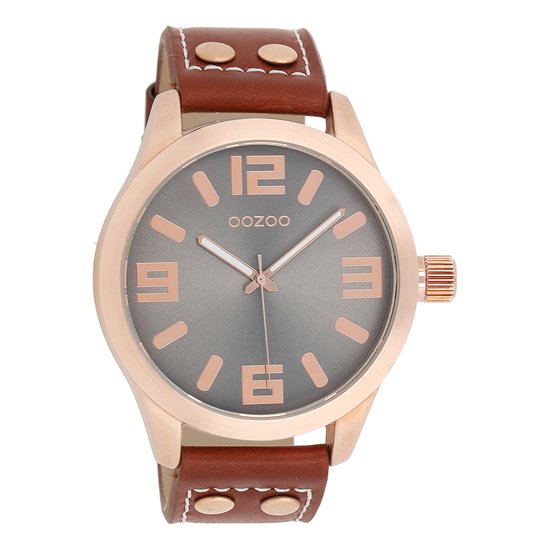 OOZOO Timepieces - Rosé goudkleurige horloge met cognac leren band - C1156