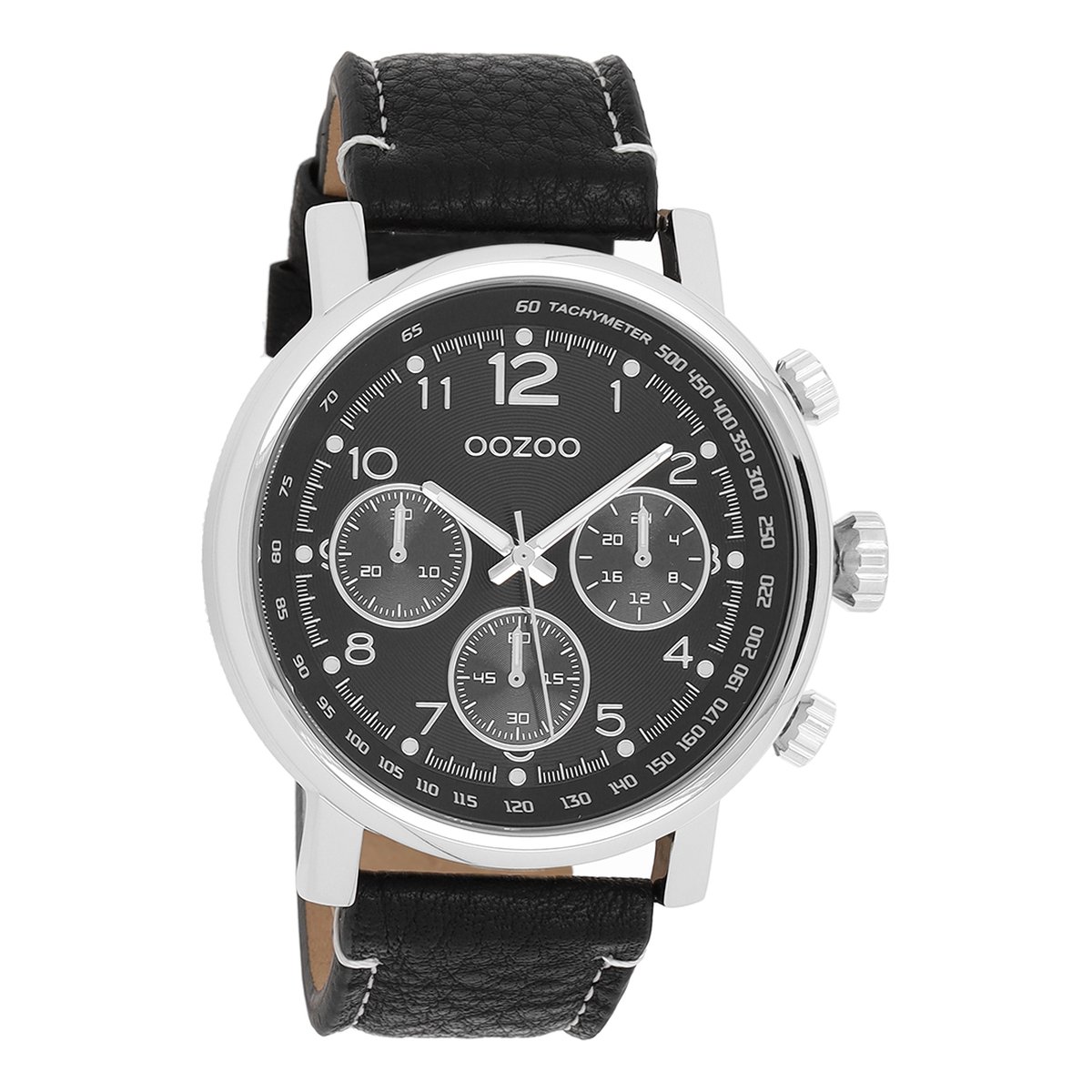 OOZOO Timepieces - Zilverkleurige horloge met zwarte leren band - C9459