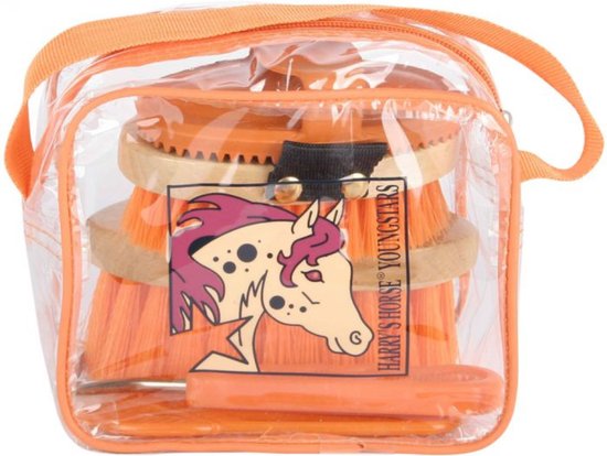 Borstelset paard oranje - groomingkit paardenborstels paardenpoetsset rosborstel manenkam hoevenkrabber