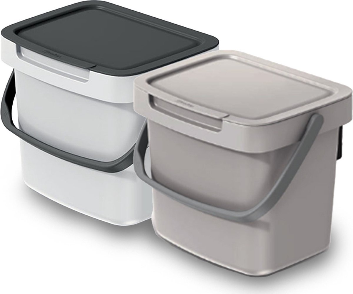 Goedkoopste Keden GFT aanrecht afvalbakjes set - 2x - beige/wit - 3L - 19 x 17 x 15 cm - klepje/hengsel