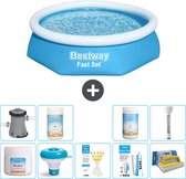 Bestway Rond Opblaasbaar Fast Set Zwembad - 244 x 61 cm - Blauw - Inclusief Pomp Chloor - Chloordrijver - Testrips - Reparatiesetje - Scrubborstel - PH-min - PH-plus - Thermometer