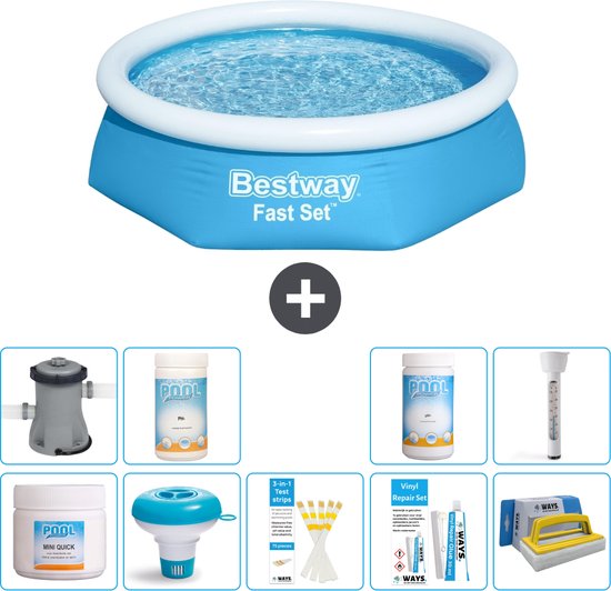 Piscine Opblaasbaar ronde Bestway à Set Fast - 244 x 61 cm - Blauw - Pompe à Chlore incluse, flotteur de chlore, bandelettes de test, kit de réparation, brosse à récurer, PH-moins, PH-plus et thermomètre
