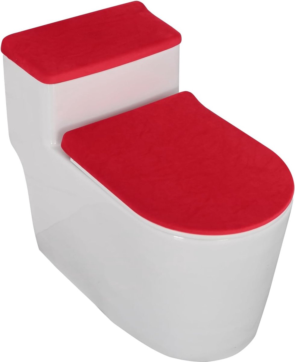 Goedkoopste Wc-brilhoes, wc-brilbekleding, pads, warmer, fluweel, toiletdeksel, tankbeschermer, cover, set van 2 met elastische bodem, toiletbrilkussen en wc-tank deksel- rood