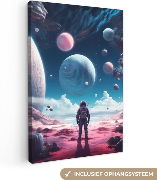 Foto: Canvas schilderij 80x120 cm wanddecoratie astronaut ruimte planeten wolken muurdecoratie game room gaming kamer decoratie gameroom accessoires schilderijen