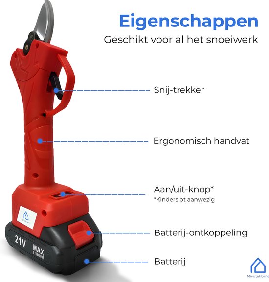 MinuteHome® Professionele Elektrische Snoeischaar - Tuinieren - Snoeischaar- Elektrisch - 2x Accu- Draadloos - Ergonomisch - Antislip - inclusief Opbergkoffer - inclusief Handleiding - Groen - 30mm Snijdiameter van MinuteHome® — afbeelding 4