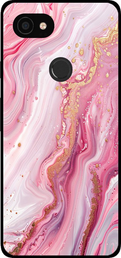 Roze en gouden marmerpatroon op een telefoonhoesje voor de Google Pixel 3A XL.