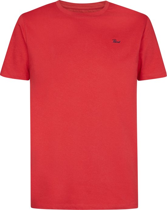 Rood t-shirt met korte mouwen en een ronde hals met een klein logo op de borst.