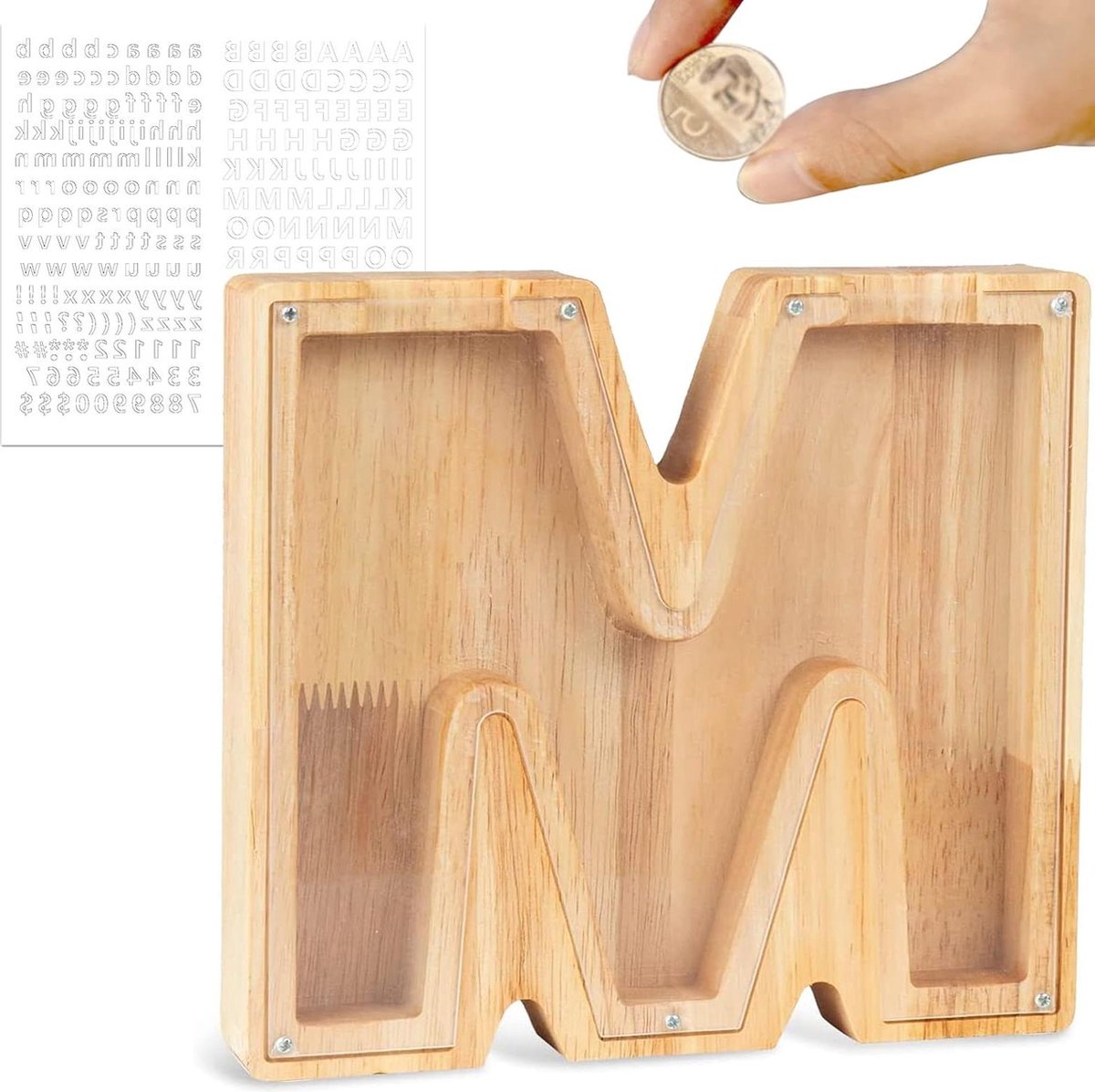 Spaarpot voor kinderen personaliseerbaar met letters van A tot Z transparante houten spaarpot creatieve decoratie cadeaus voor verjaardag en Kerstmis
