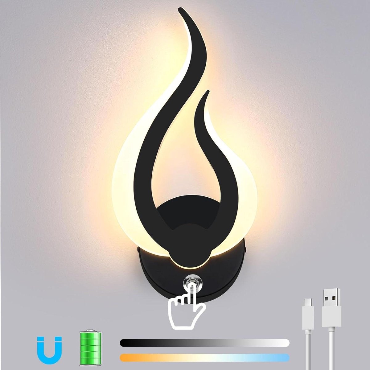 Wandlamp Oplaadbaar - draadloze wandlamp oplaadbaar- dimbare LED wandlamp voor woonkamer-slaapkamer-gang met aanraakschakelaar 3 kleurtemperaturen Wandlamp Oplaadbaar
