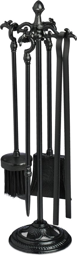 Set de cheminée Relaxdays 5 pièces - ustensiles de cheminée en fonte - tisonnier - pelle à cendres - set de cheminée noir