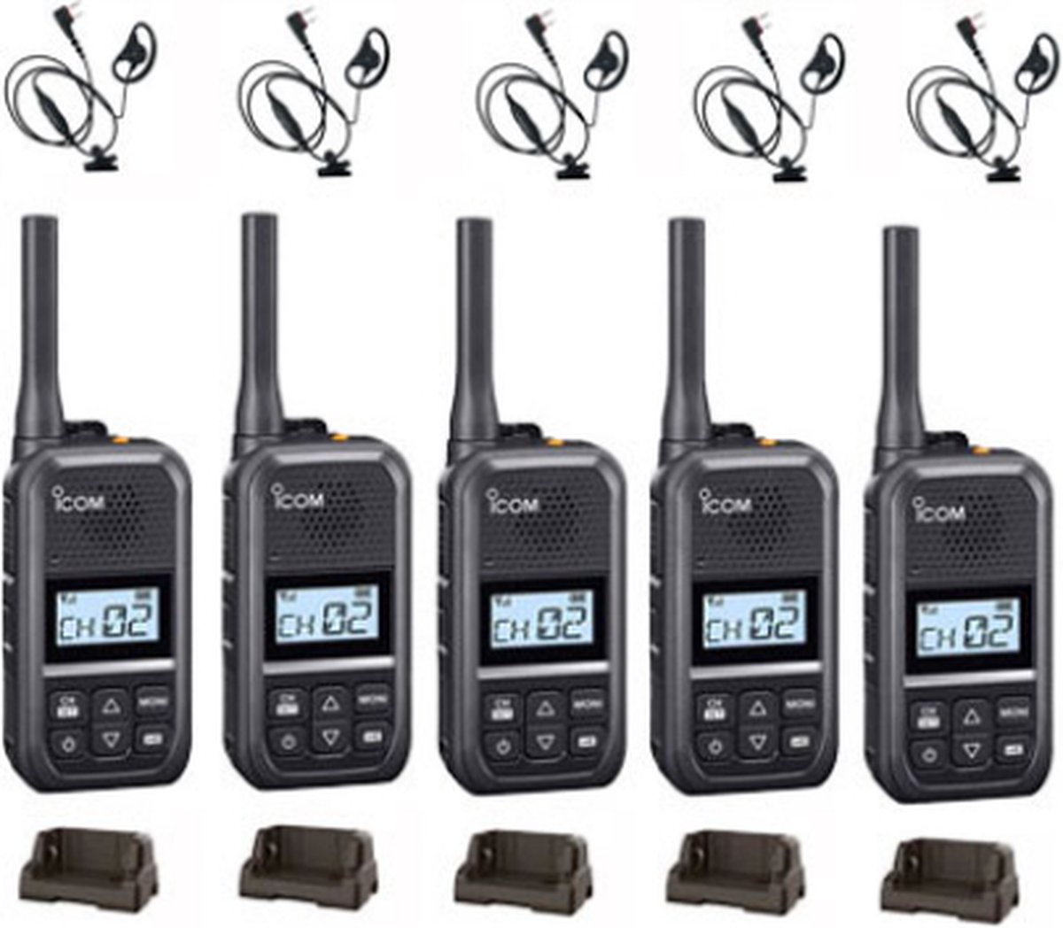 Set van 5 Icom IC-U20SR IP54 mini Portofoon met tafel lader en D-shape oortje