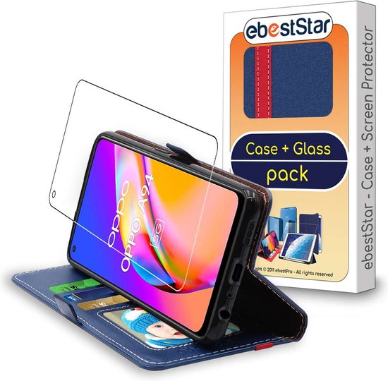 ebestStar - Coque compatible avec Oppo A94 5G, Etui Portefeuille, Housse Pochette Protection PU Cuir, Porte Carte, Bleu Foncé / Rouge + Verre Trempé
