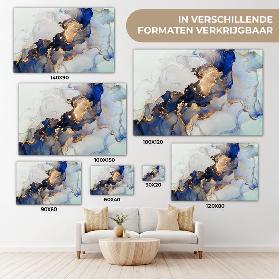 Toile Peinture Marbre - Blauw - Or - 140x90 cm - Décoration murale