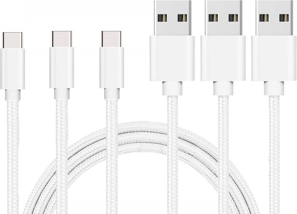 3x USB C naar USB A Nylon Gevlochten Kabel Zilver Wit - 1 meter - Oplaadkabel voor Oppo A16 / A16s / A53 / A53S / A72 / A54s / A55 5G / A56 5G / A93 5G / A93s 5G