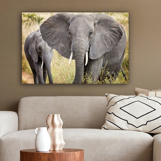 Canvas schilderij 180x120 cm - Wanddecoratie Olifant - Dieren - Gras - Natuur - Muurdecoratie woonkamer - Slaapkamer decoratie - Kamer accessoires - Schilderijen op canvas