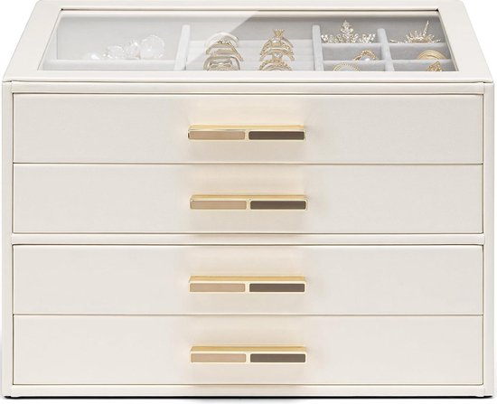 Sieradendoos, 3 -laags sieradendoos, juwelenbox met glazen deksel, 2 laden, sieradenopslag, veel opbergruimte, modern, cadeau voor uw geliefden, gerookte blauw zilver