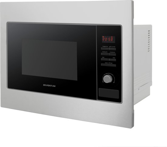 Inbouwmagnetron met RVS-look en zwart bedieningspaneel met digitale display.