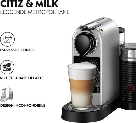 Zilverkleurige Nespresso Citiz & Milk machine met iconisch design, melkopschuimer en glas latte.