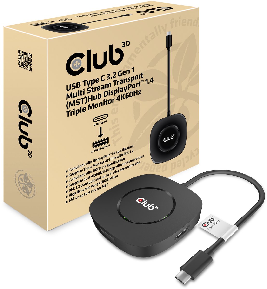 Club 3D USB-C®Multi Stream Transport (MST) Hub DisplayPort™1.4 Triple Monitor