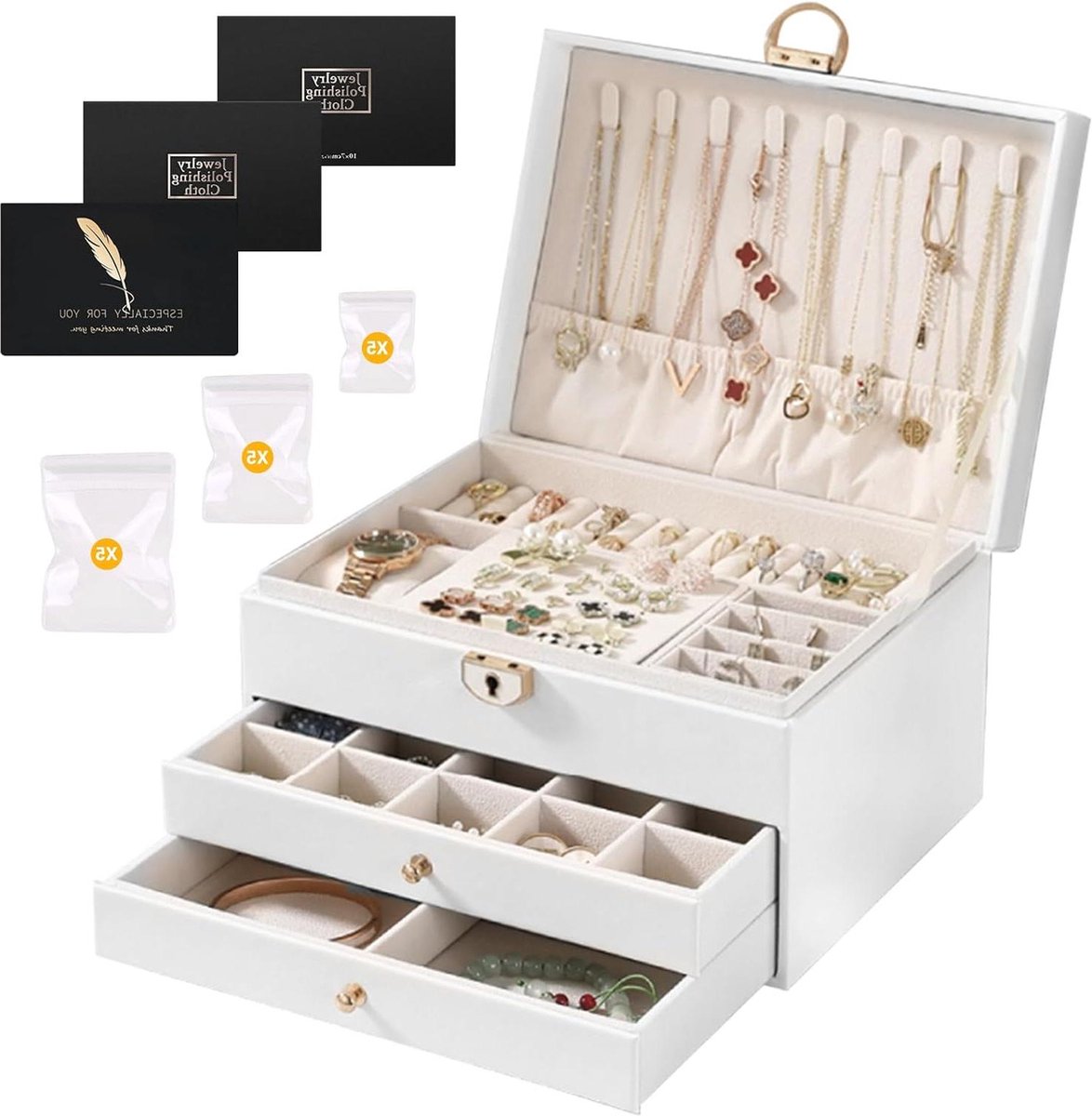Sieradendoos met laden en 3 lagen voor armbanden-oorbellen-halskettingen-ringen-horloges.