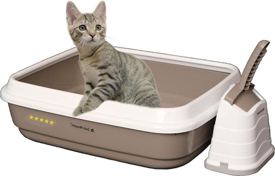 Exclusiv Kattenbak, open met rand, 40 x 50 x 15 cm, set met strooischep en hygiënische container, niet-giftige grondstof ter bescherming van het milieu, lichtblauw