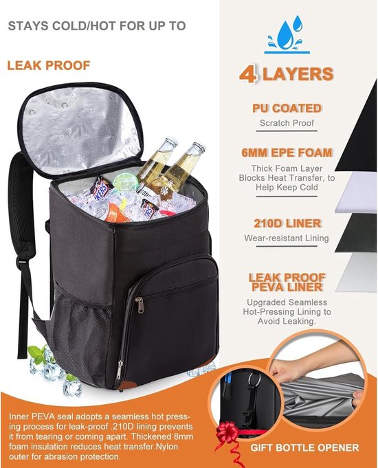 sunVigorous Koelrugzak van 15 liter, lekvrije koeltas, rugzak, waterdichte picknickrugzak, geïsoleerde lunchtas voor mannen en vrouwen, werk, picknicks, strand, camping, reizen, outdoor, grijs, 15