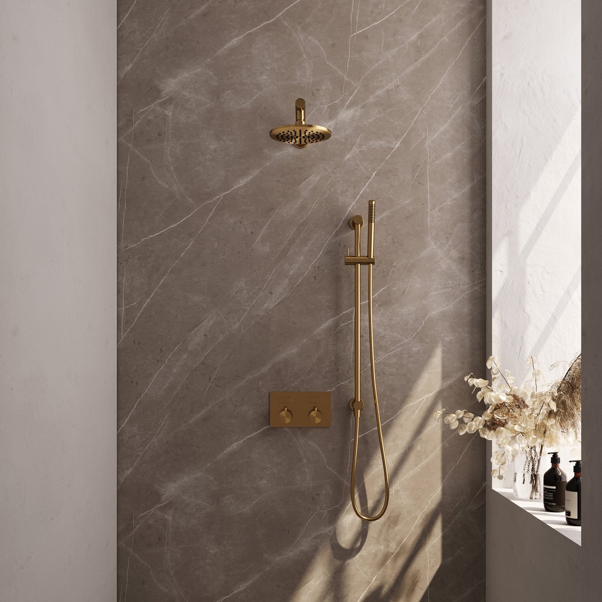Brauer Gold Carving Thermostatische Regendoucheset Inbouw - Hoofddouche 20 cm - Rechte Wandarm - Met Drukknoppen - Handdouche Staaf - Doucheslang - Geintegreerde Glijstang - Geborsteld Goud