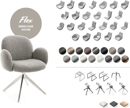 Chaise de salle à manger Heira- Flex avec accoudoirs, structure transversale, finition large avec noyau à ressorts ensachés blanc bouclé titane, pivotant à 360°