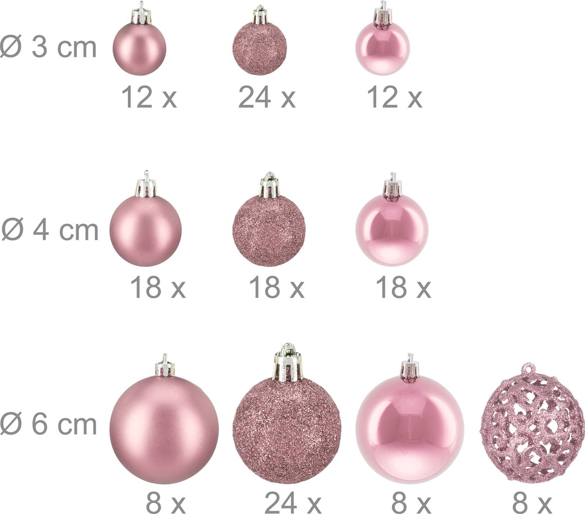 kerstballen - set van 150 - mat - glanzend - glitters - plastic - ∅ 3, 4, 6 cm - roze – foto 5