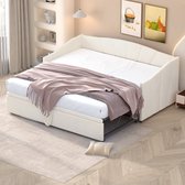 Sweiko Gestoffeerd bed 90/180x200 cm rekbare slaapbank met plat noedelsframe, multifunctioneel bed, gemaakt van huidvriendelijke fluwelen stof, Beige