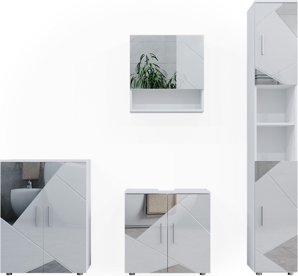 Vicco Irma Badkamermeubel set – 4 delen, met hoge kast en commode Wit hoogglans met inzetstukken