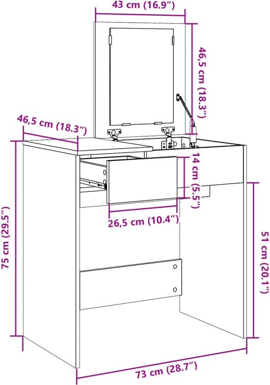 vidaXL - Kaptafel - met - spiegel - 73x46,5x120 - cm - grijs - sonoma