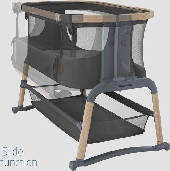 Baby Co-Sleeper, Netstof Rondom, 0-36 maanden, max 20 kg, Aanschuifbedje met Schommelmodus,5 Hoogtestanden, Easy Slide, Eenvoudig Draagbaar, 92 * 58 * 70-90cm (donkergrijs