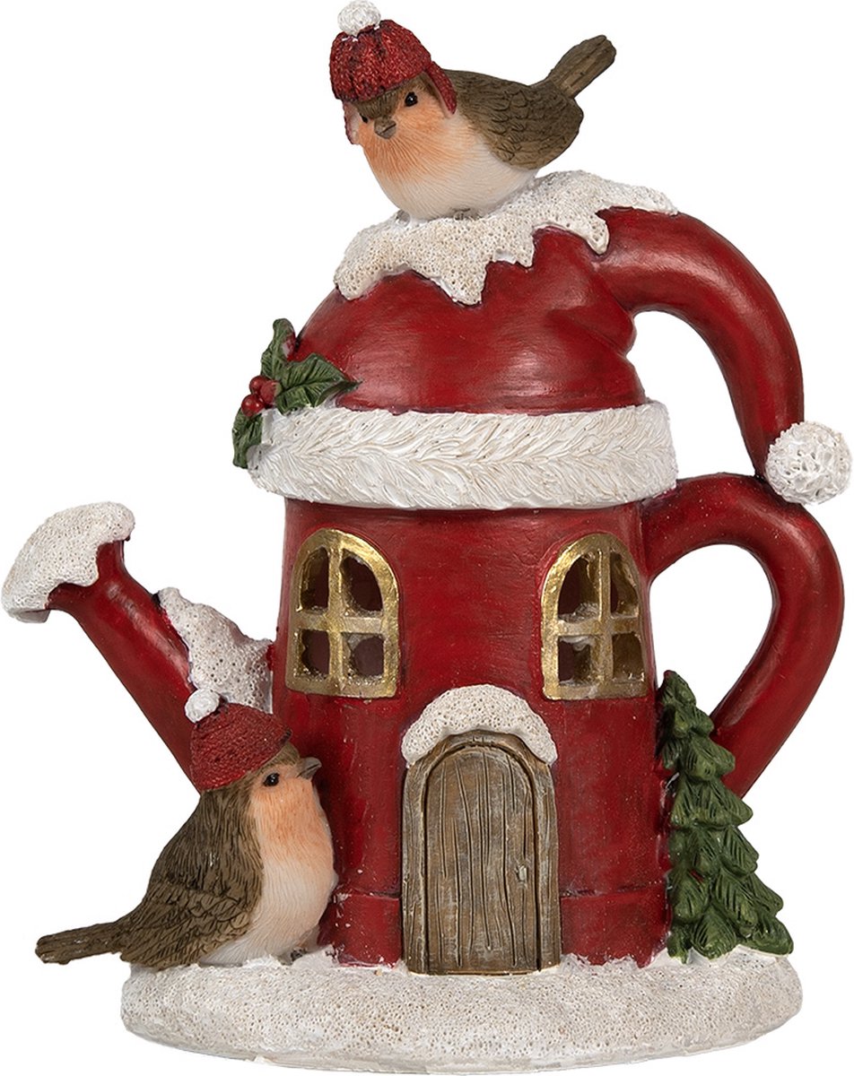 Clayre & Eef Decoratie Huis met LED Gieter 13x10x16 cm Rood Polyresin Vogels