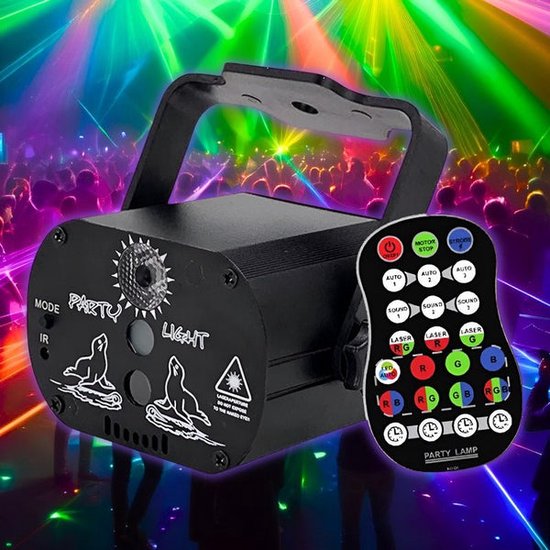 Foto: Party light discolamp lichteffect stroboscoop led laser op geluid feestverlichting met afstandsbediening