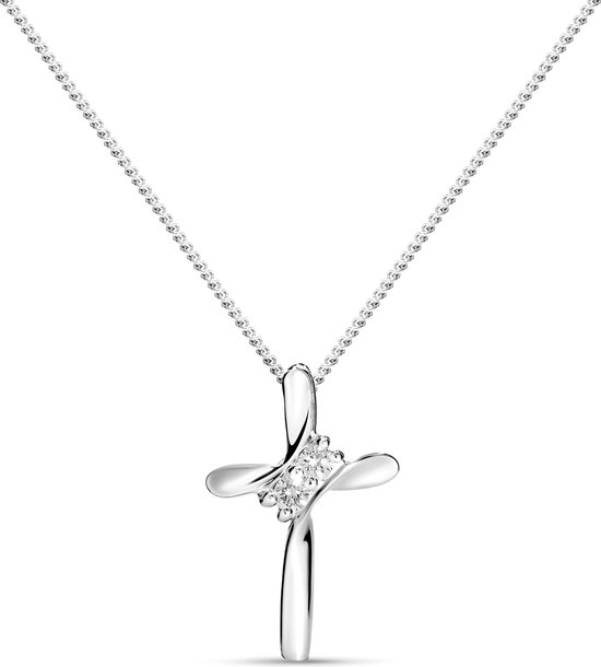 Pendentif croix argenté aux diamants scintillants sur une fine chaîne.
