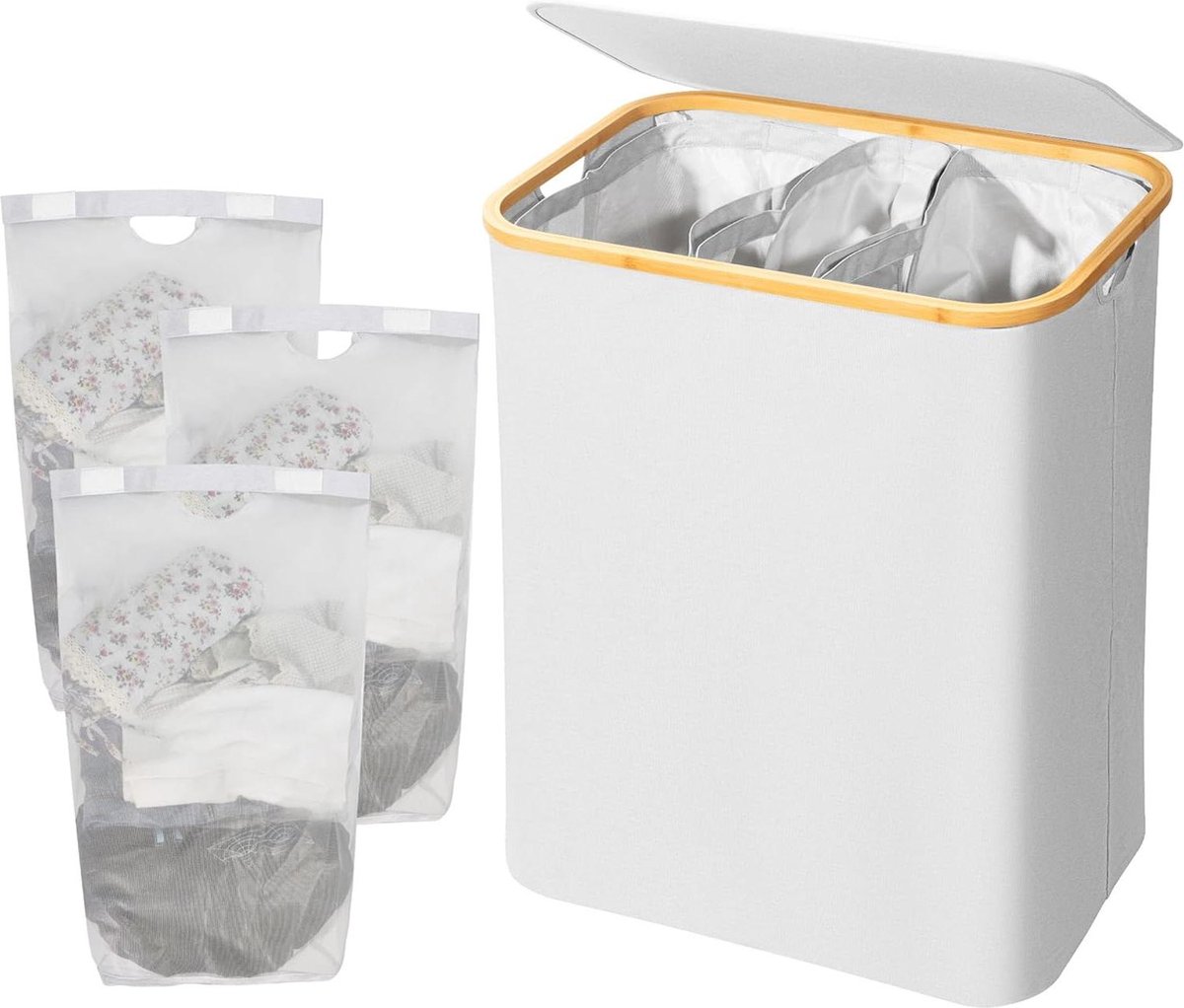 Goedkoopste Adel Dream Wasmand met deksel - 3 vakken - ingeklapte wasmand - 160 liter - lichtgrijs - ruime capaciteit wasmand 3 vakken