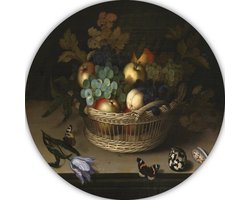 Stilleven met fruitmand - Balthasar van der Ast schilderij rond - Fruit schilderij rond - Muurcirkel Voedsel - Wanddecoratie kinderkamer - Dibond schilderij - Slaapkamer muurdecoratie muurcirkel aluminium 40x40 cm