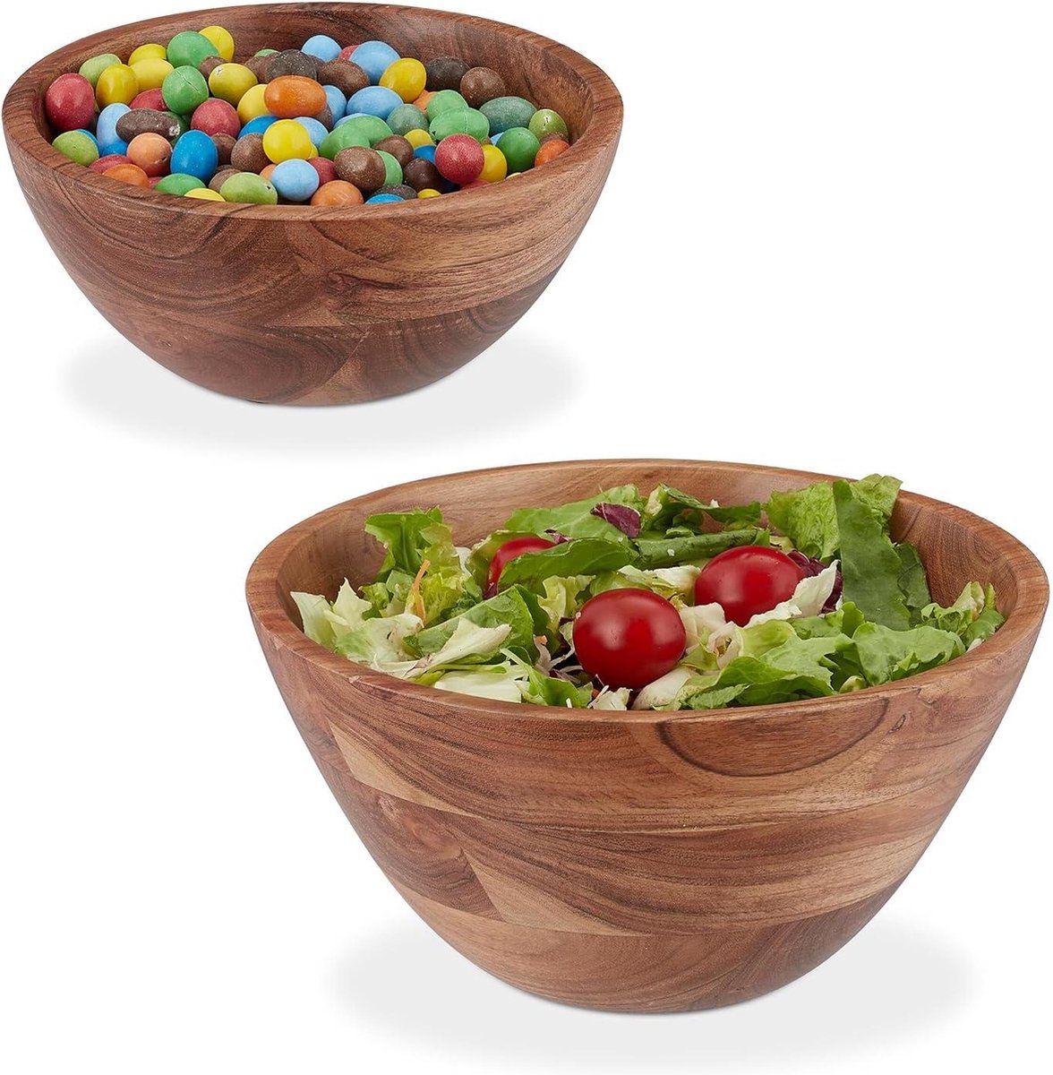 Saladeschaal set van 2 acaciahout Ø 19 & 25 cm ronde serveerschalen voor snacks en salades bruin