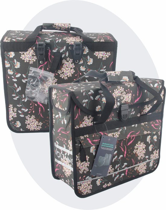 Foto: Voltano enkele shopper fietstas 17 liter pink elegance zwart met witte bloemen waterdicht luxe universele bevestiging